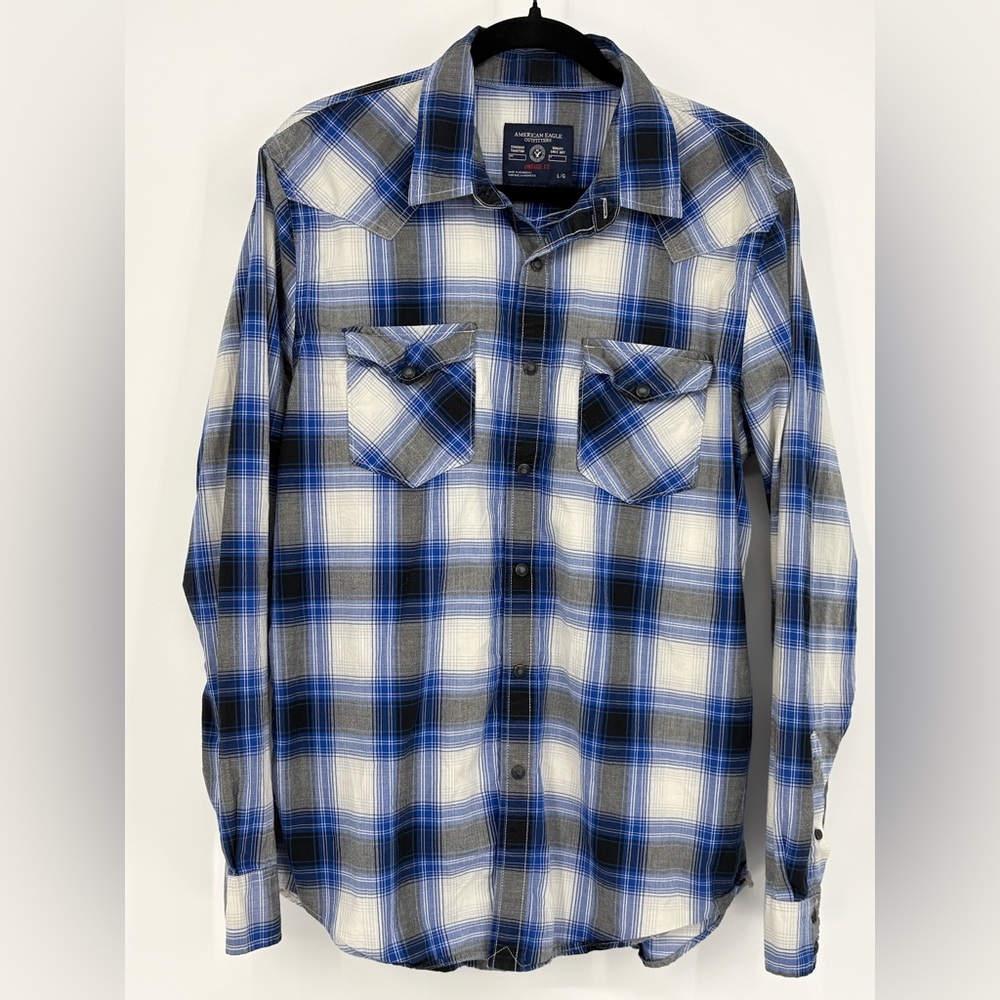 AMERICAN EAGLE Shirt Blue Plaid Vintage Fit Snap Button Mens Large